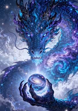 Celestial Dragon Holding Galaxy Orb
