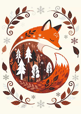 Fox in Winter Forest Illustration