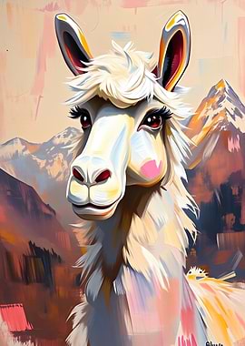 Whimsical Llama Portrait with Mountain Backdrop