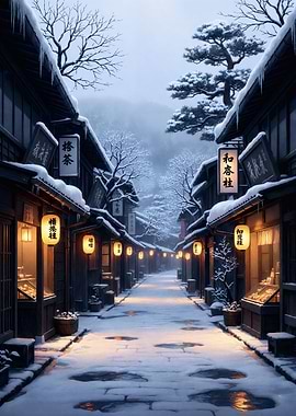 Snowy Japanese Street with Lanterns