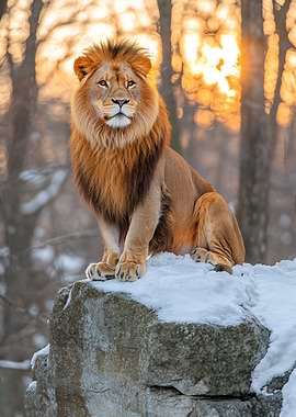 Majestic Lion on Snowy Rock