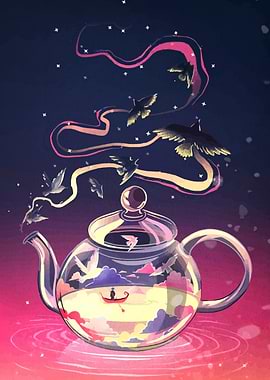 Teapot Dreamscape with Birds and Boat