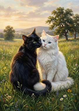 Black and White Cats in Meadow