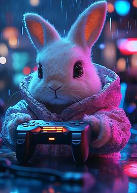 Gaming Bunny in Cyberpunk Cityscape
