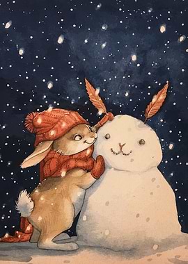 Bunny Building a Snowman Watercolor Art