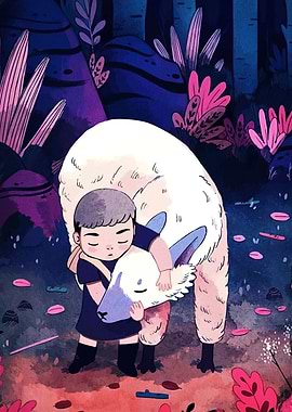 Boy and Animal Friend in Forest