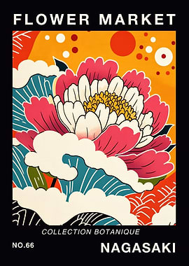Flower Market Nagasaki Botanical Travel Poster