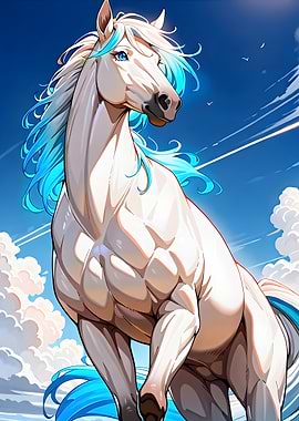 Majestic White Horse with Blue Mane