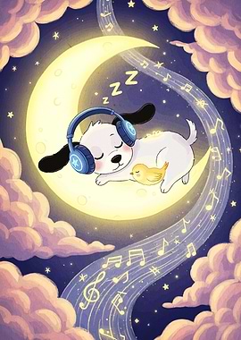 Sleeping Dog on Moon with Headphones
