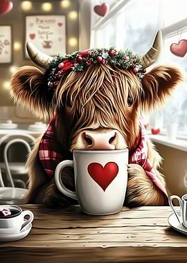 Highland Cow with Coffee Valentines Decor