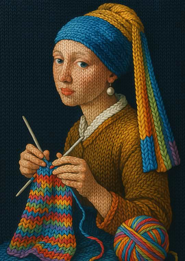 Girl Knitting with Ball of Yarn