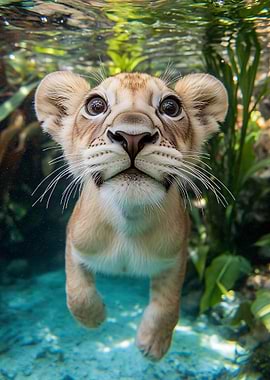 Lion cub swimming underwater close-up