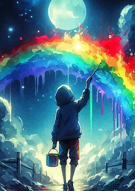 Child Painting Rainbow Under the Moon
