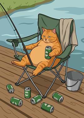 Cartoon Cat Fishing with Beer