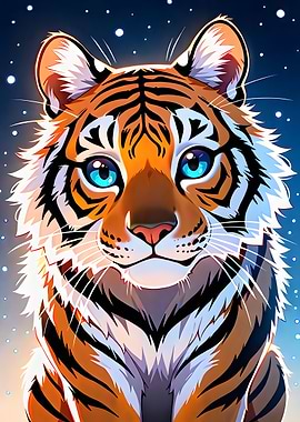 Cartoon Tiger Portrait with Blue Eyes