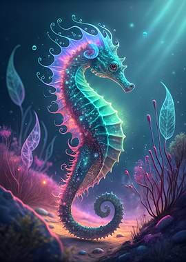Neon Seahorse Underwater Fantasy