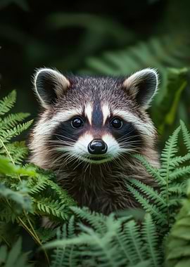 Raccoon portrait in ferns