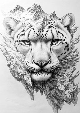 Snow Leopard and Mountain Graphite Drawing