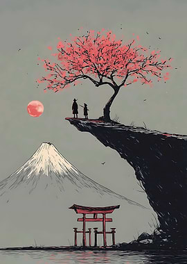 Japanese Landscape with Samurai and Child