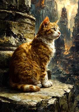 Orange Cat Dystopian City Painting