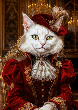 Regal Cat Portrait in Red Gown