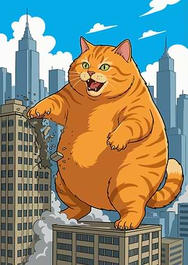Giant Cat in Cityscape Cartoon
