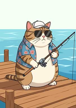 Cartoon Cat Fishing on a Dock