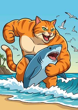 Cartoon Cat Holding Shark on Beach