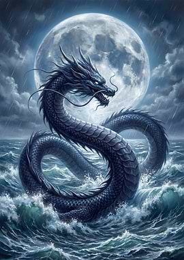 Dragon in the ocean with moon