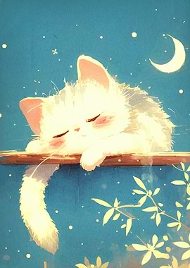 Sleeping Cat Under Moon Digital Art
