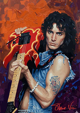Steve Vai Portrait with Flame Guitar