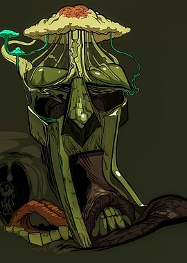 Surreal Green Mask with Mushroom Cloud
