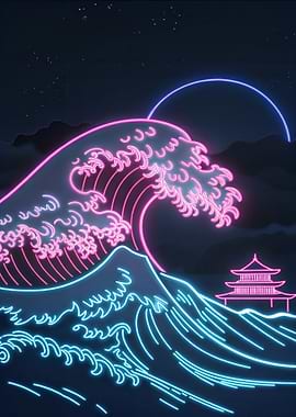 Neon Great Wave with Temple