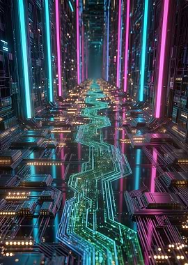 Cyberpunk Circuit Board Corridor