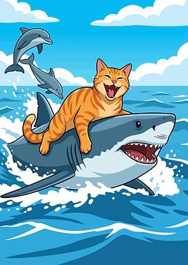 Cat riding a shark illustration