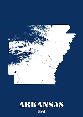 Arkansas USA State Minimalist White Topographic Contour Relief Map featuring terrain on navy blue background