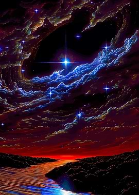 Nebula Landscape with River and Stars