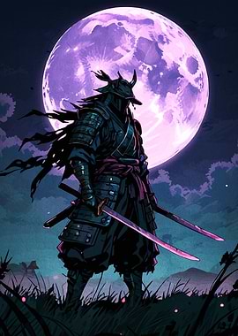 Samurai Warrior Under a Violet Moon