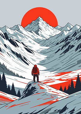 Mountain Hiker with Red Sun