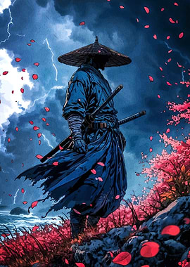 Samurai in Storm Cherry Blossoms