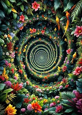 Floral Spiral with Parrots
