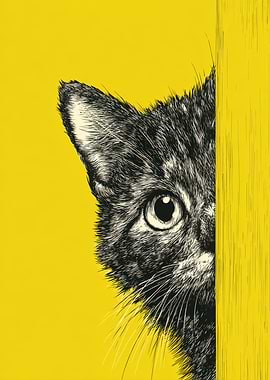 Peeking Cat Illustration on Yellow Background