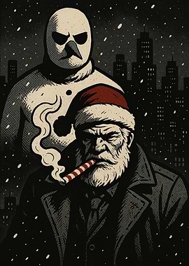 Noir Santa Detective and Snowman in City