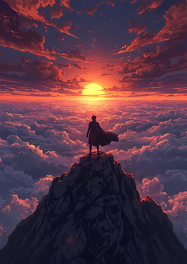 Mountain Peak Sunrise with Cloaked Figure