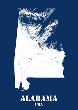 Alabama USA State Minimalist White Topographic Contour Relief Map featuring terrain on navy blue background