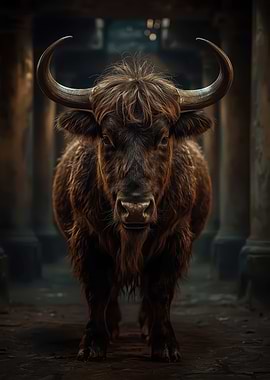 Majestic Shaggy Bull Portrait in Moody Cinematic Light