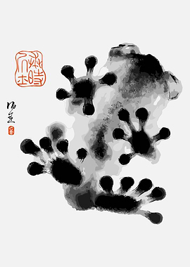 Funny Frog Art Poster, Ink Wash Frog Paw Prints Zen Amphibian Illustration Wall art Gift, Minimalist Graphic