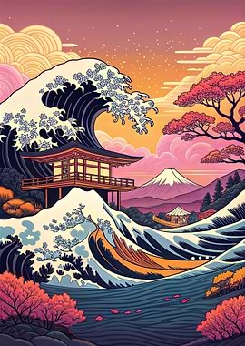 Japanese Landscape with Wave and Temple
