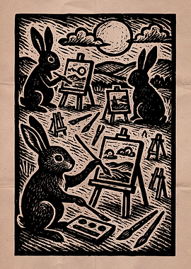 Rabbit Artists Woodcut