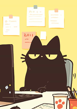 Grumpy Black Cat at Desk